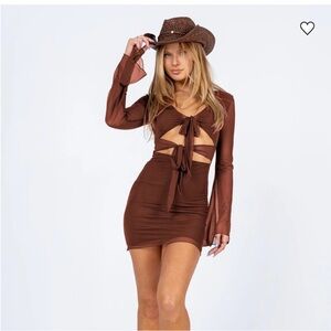 Princess Polly Brown Mesh Sleeve Cutout Tie Front Mini Dress | US 6